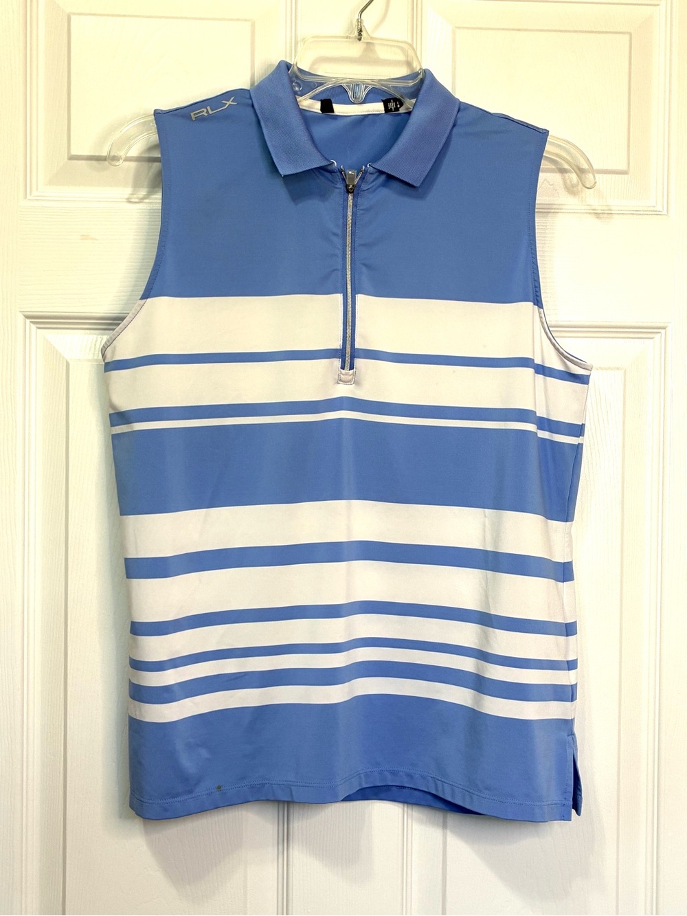 RLX Ralph Lauren Golf Polo Shirt Womens Large Blue White Striped Zip Sleeveless